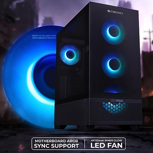 Image of ZEBRONICS TITAN Full-Tower Premium Gaming Cabinet, ATX, 4 x ARGB Fan, LED Control Switch, Window Tempered Glass Panel, Type C, USB 3.0, 360mm Front /Top AIO Cooler support with Top & Bottom Dust Filter