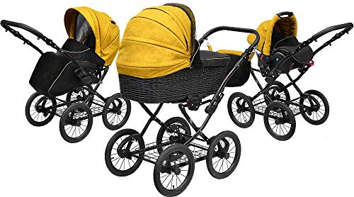 SKYLINE Klassisch Retro Stil Wicker LUX Kombi-Kinderwagen Buggy 3in1 Reise System Autositz (Isofix) (Light Pink/14 "Räder)