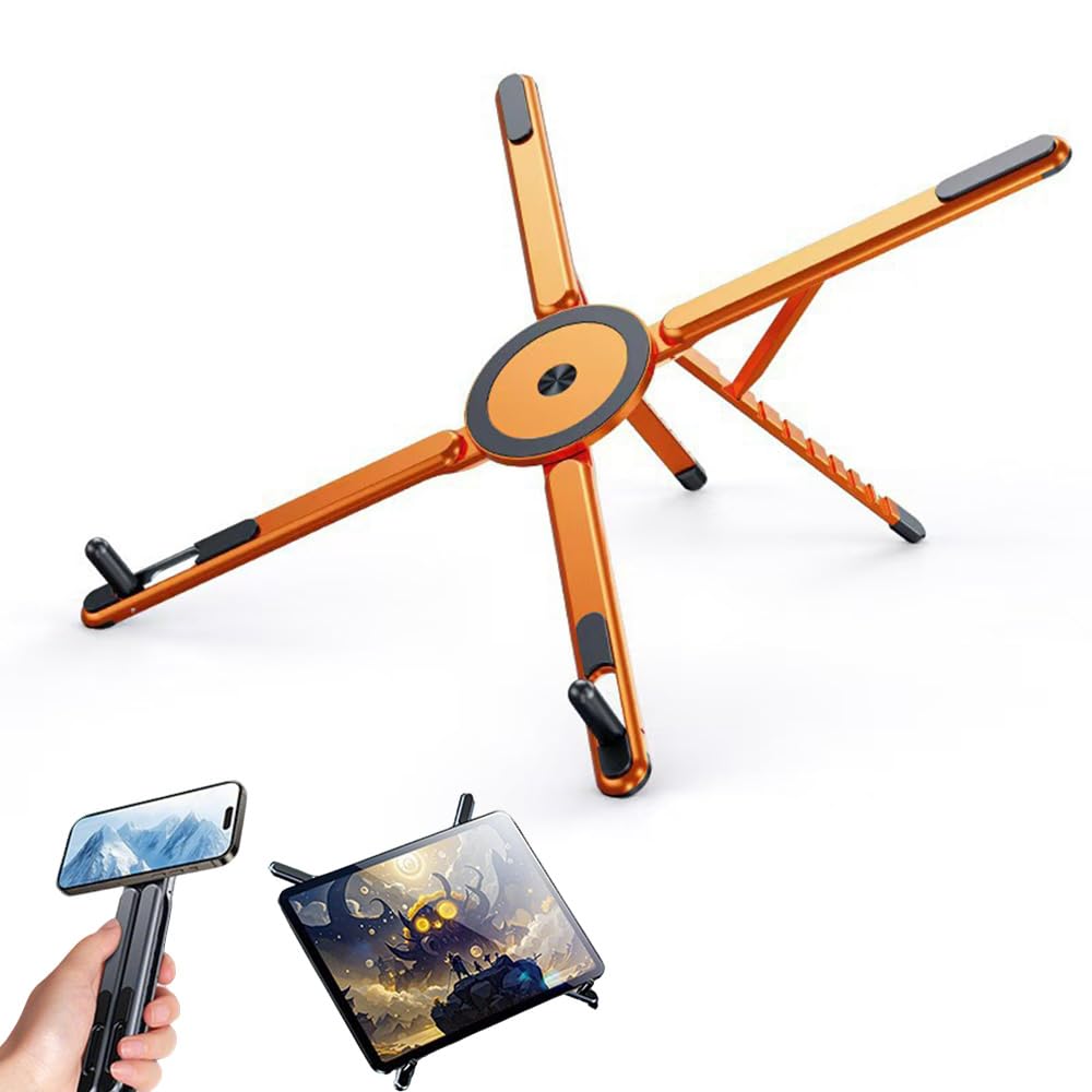 FYKTIK 3 in 1 Portable Laptop Stand, Foldable Aluminium Laptop and Tablet Stand, Adjustable Magnetic Phone Holder for Laptop, iPad, Tablet and Smartphone Use (Orange)