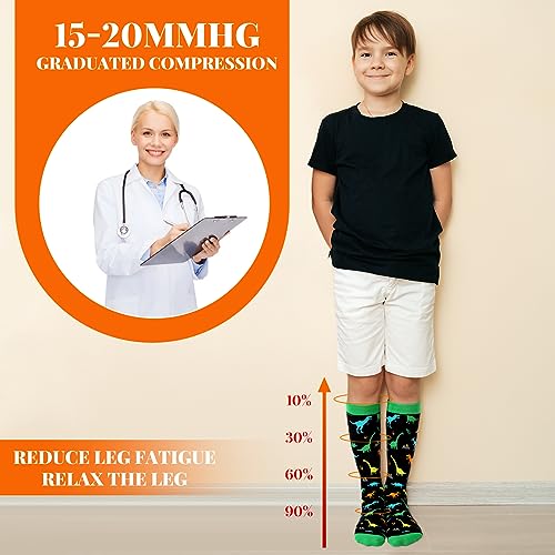4 Pairs Kids Compression Socks Dinosaur Compression Stockings Knee Length Compression Socks for Kids Boys Girls child Adult Small Feet3