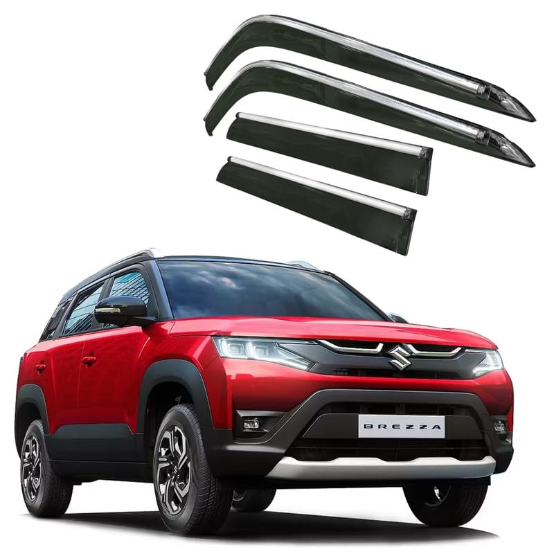 Image of CAR SAAZ Side Door Visors for Brezza Type 3 (2022-Present) (Set of 4Pcs)|Chrome Lined Rain Guards, Polycarbonate, Smoke Finish