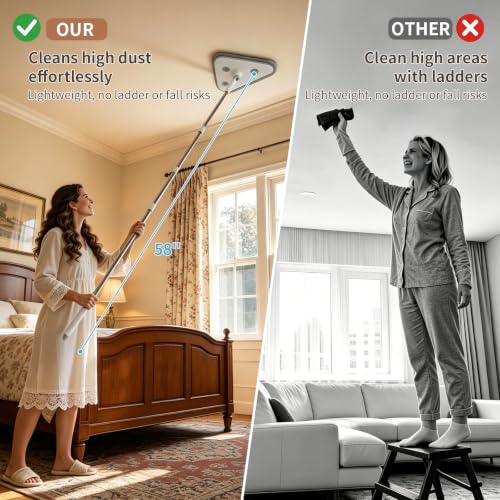 Image of Long Handle Wall Mop & Baseboard Cleaner, 3-in-1 Wall Cleaner Mop with Extension Pole & Squeegee, Ceiling Cleaning Tool Duster with 3 Microfiber and 3 Chenille Pads for Windows, Floors, Cabinet