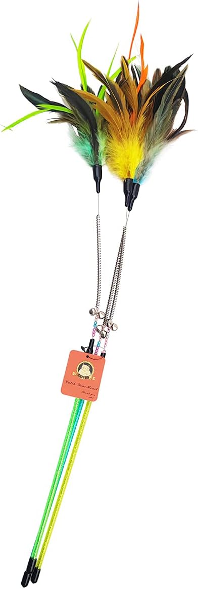 CatYou 3-Pack Cat Feather Toy with Beads and Bells and 23" Long Wand with Spring and Crystal Handle (Pattern A) : Pet Supplies
