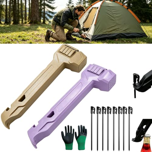 Image of Camping Hammer with 8 Pegs, Heavy-Duty Camping Mallet for Tent Stakes with Peg Puller, Bottle Opener, Storage Handle & Textured Striking Head for Hiking Backpacking (Khaki+Purple)