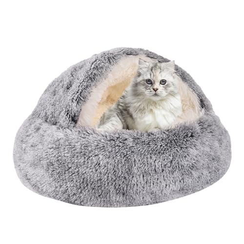 Round-Hooded-Cat-Bed-Dog-Bed-with-Cover-Cave-Dog-Bed-for-Small-Dogs-Faux-Fur-Cuddler-Round-Coved-Cat-Bed-Self-Warming-Donut-Dog-Bed-Fits-up-to-5-lbs-Pets-Gray-16inch-x-16inch