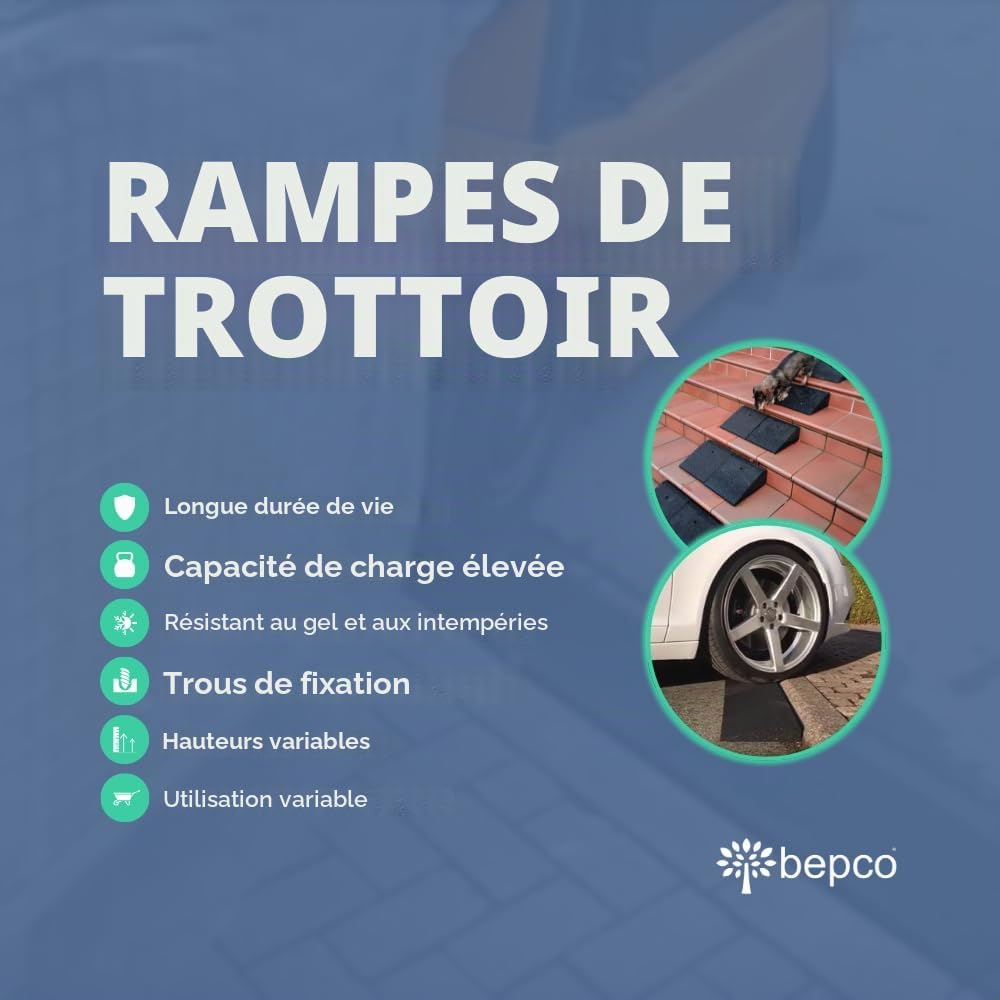 bepco Rampe de Trottoir, L x l x H : 100 x 25 x 5 cm, en Caoutchouc (Noire), avec rondelles intégrées à la Rampe pour la Fixation