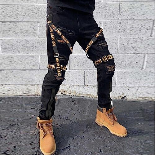 Men's Slim Fit Patchwork Jeans Hip Hop Streetwear Straight with Zip Cargo Denim Pants2