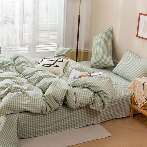 Image of EAVD Mini Blue Yellow Plaid Duvet Cover Queen Soft Cotton Reversible Grid Plaid Bedding Set with 2 Pillowcases Modern Style Geometric Grid Plaid Pattern Duvet Cover with Zipper Closure