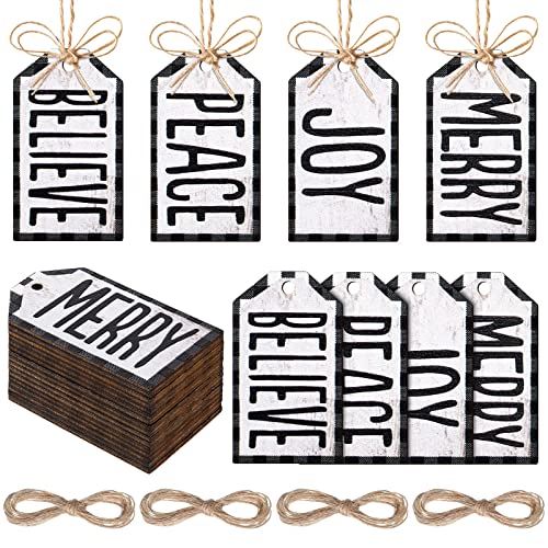 Yalikop 60 Pcs Wooden Christmas Tags Wishes Words Jute Ropes,White, Black
