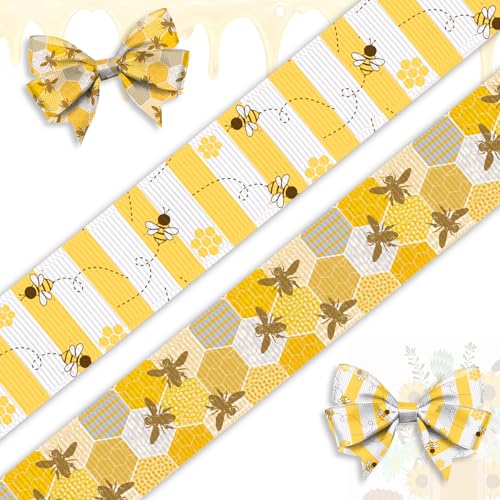ABTOLS 2 Rolls 10 Yards Bumble Bee Ribbons Flower Ribbons Honey Decorative Grosgrain Ribbons White Yellow Stripe 4/5 Honeycomb Ribbon for Spring Gift Wrapping Crafts Bee Holiday Party