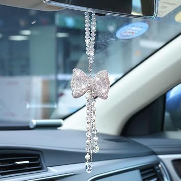 Bowknot Diamond Car Accessories, Crystal Car Rear View Mirror Charms, Valentines Day Gifts, Lucky Hanging Interior Ornament, Pendant White, 12.2 Inch