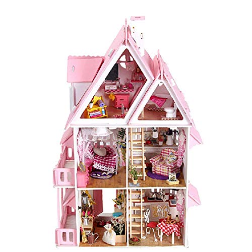 Puppe Haus Spielzeug DIY Puppenhaus Spielzeug Rosa Montieren Prinzessin Villa Handgemachte Bau Mädchen Puppenhaus Für… – Bild 2