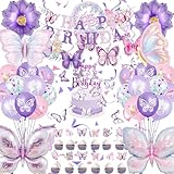 Decoration Anniversaire Papillon Fille, 70 Décoration Violet, Déco 4 XXL Helium Ballons, Kit Fete Cadeau Ballons Pendentif Tourbillon Guirlande, Gateau Fille (Anniversaire Papillon)