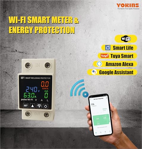 Image of YOKINS Smart Energy Meter 63A | WiFi Voltage, Current & Leakage Protector | Over /Under Voltage & Overload Protection | DIN Rail (YD-WiVA Meter With Weatherproof Mount)