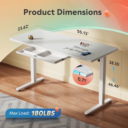 Image of DEVAISE 55 Inch Electric Standing Desk with Drawers, Adjustable Computer Desk for Home Office, with LED Touchscreen，Headphone Hook, 3 Memory Preset, with One-Piece Glass Desktop, White