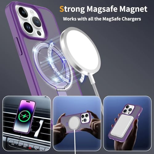 Image of Magnetic for iPhone 13 Pro Case & iPhone 14 Pro Case, 6.1 inch, Compatible with MagSafe, Rugged Kickstand, Not-Yellowing Military-Grade Protection, Matte Purple