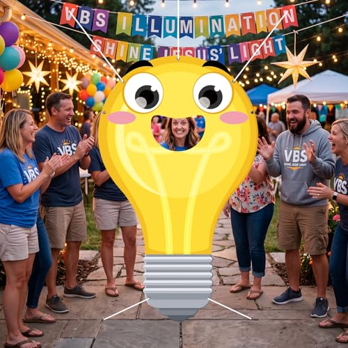 WovWeave VBS 2026 Light Bulb Face Hole Photo Booth Prop, Illumination Party Backdrop for Vacation Bible School, Sunday School Church Classroom Decorations, Funny Cartoon Photography Banner 71"x43" by WovWeave - Used condition - Image 7