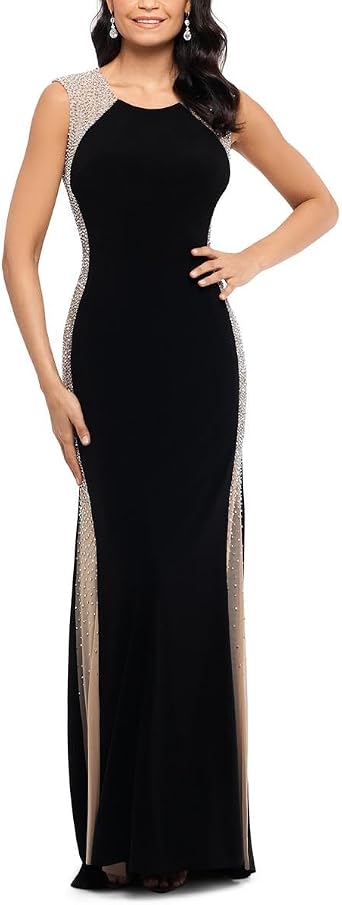 Xscape Womens Xscape Womens Floor-Length, Sleeveless, Jersey Knit Dress, with Caviar Beaded Side Detail