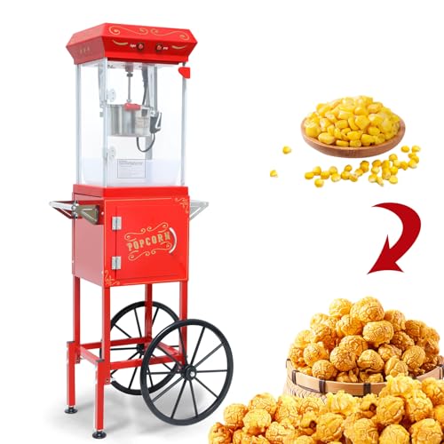 Image of Montary 6 Oz Commercial Popcorn Machine with Cart, 480W Vintage Style Popcorn maker Equipped with Popcorn Scoops,Heated Deck & Storage for Home Movie House and Carnival,Red