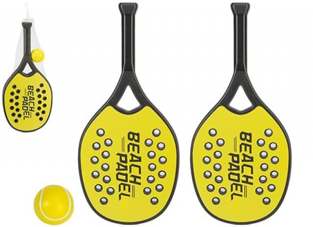 Beach Paddle Tennis Set for 2 Players, 2 x 48cm Yellow & Black Perforated Rackets with 6cm Ball, Lightweight Outdoor Garden Beach Park Holiday Bat and Ball Game for Children Teens Adults