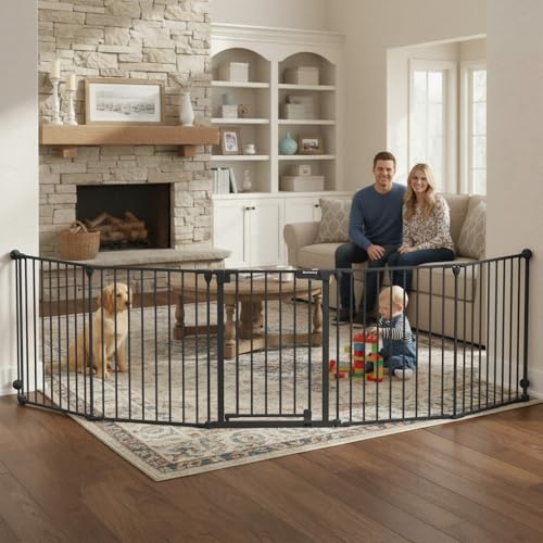 Mumeasy 126' Extra Wide Baby Gate for Doorways, Stairs & Fireplace, Auto Close Safety Dog & Pet Gate with Walk Thru Door, Childproof Fence for Hallway Kitchen House Indoor Outdoor,5 Metal Panels,Black