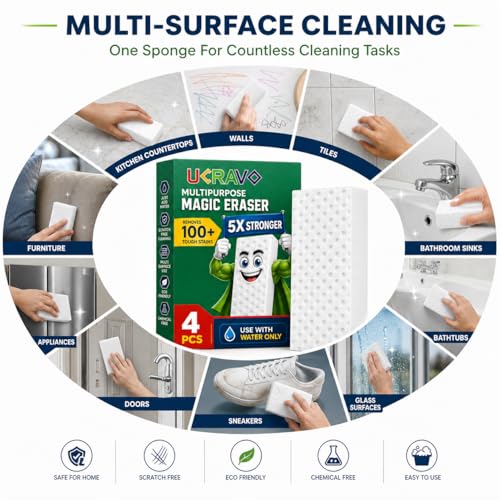 Image of UCRAVO Magic Eraser Sponge Pack of 4 | Multi-Surface Cleaning Sponge | No Scratch Cleaning Foam | Removes 100+ Tough Stains | Just Add Water Cleaner | Wall,Kitchen,Bathroom,Shoe,Switch Board Cleaner