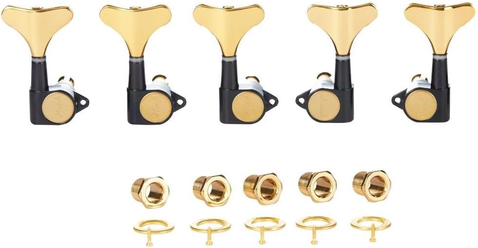 Left Handed 5 String 18:1 Sealed Bass Tuners Lefty Bass Guitar Tuning Keys Pegs Bass Tuning Machines Compatible with Ibanez/Yamaha Style Acoustic/Electric Bass Black with Gold 3L/2R