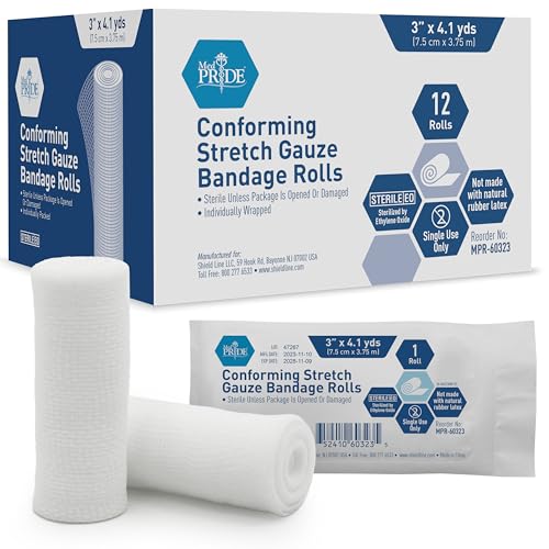 MED PRIDE Conforming Stretch Gauze Bandages 12 Rolls 3 x 4.1 Yards| Sterile Latex Free First Aid Pads | Wound Care Rolled Dressing Wrap | Medical Non-Adherent Mesh Bandages