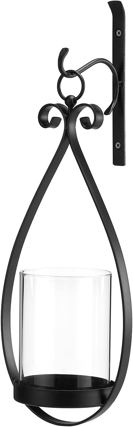Hanging Water Drop-Shaped Wall Sconce Wall Mounted Hurricane Candle Holder Glass & Metal Farmhouse Handcrafted Wall Art Decorations, Black HT21-0204B