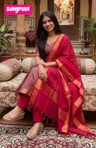 Image of SANJ Mangalagiri Cotton Unstitched Dress Material for Womens dress Unstitched Traditional salwar suit | TOP | Bottom | Duppatta