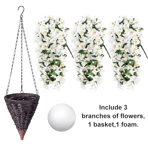 Image of INSPRING Artificial Bougainvillea Faux Flowers Plants Baskets for Outdoor Outside Decoration, 3PCS Fake Silk Flowers Long Trailing Vines UV Resistant Realistic for Front Door Porch Patio (White)