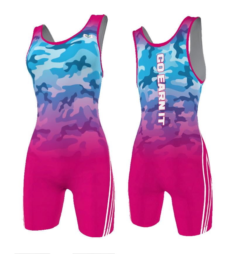 GO EARN IT Wrestling Singlet Women And Girls.Youth and Adult Size For Girls Wrestling Singlets,Female Singlets Youth XS-A3XL. (Blue/Pink Fade Camo,