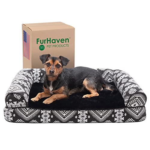 Furhaven Cooling Gel Dog Bed for Medium/Small Dogs w/Removable Bolsters & Washable Cover, for Dogs Up to 35 lbs - Plush & Southwest Kilim Woven Decor Sofa - Black Medallion, Medium