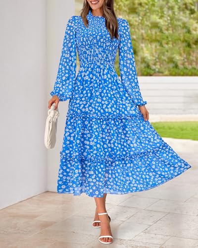 Image of NOLLSOM Women 2026 Spring Dress Floral Boho Dress Casual Long Sleeve Crew Neck Ruffle A-Line Flowy Wedding Guest Maxi Dresses