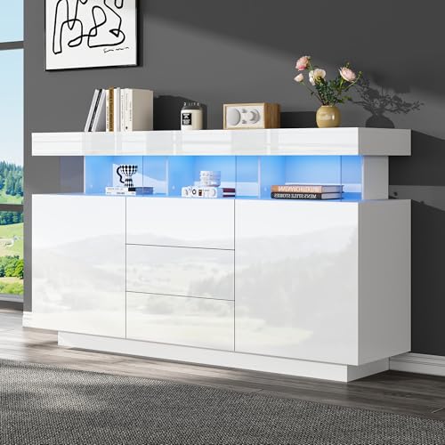 LANTRO JS Sideboard Wohnzimmer, Sideboard Weiss Hochglanz mit 16-farbigem Lichtstreifen, kommode geeignet für Esszimmer und Flur, 140x35x80cm, Weiß