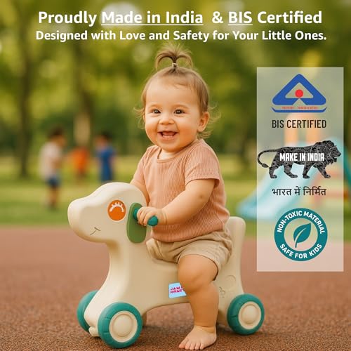Image of Amazon Brand - Jam & Honey Baby Puppy Push On Ride On for Kids | Backrest | Easy Grip | Four Wheel | Durable and Safe | Non-Toxic | Portable | Lightweight | Animal Theme | 1-4 Years Old | Green