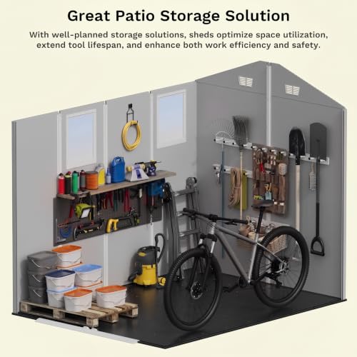 Image of Devoko 6x8 FT Plastic Storage Shed with Floor, Outdoor Resin Garden Shed with Window, Waterproof Tool Storage Shed with Lockable Door for Backyard, Patio, Lawn, Light Gray