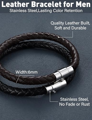 FIBO STEEL 2PCS Stainless Steel Braided Leather Bracelet for Men Women Wrist Cuff Bracelet 8.0 inches