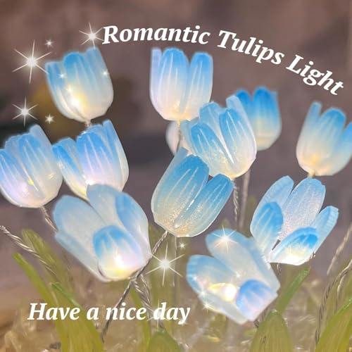 Image of XERGY DIY Glass Dome Flower Lamp - Romantic Tulip Night Light with 18 Flower, Wooden Base | Warm Ambient Decorative Light for Bedroom, Living Room, Gifts - Blue