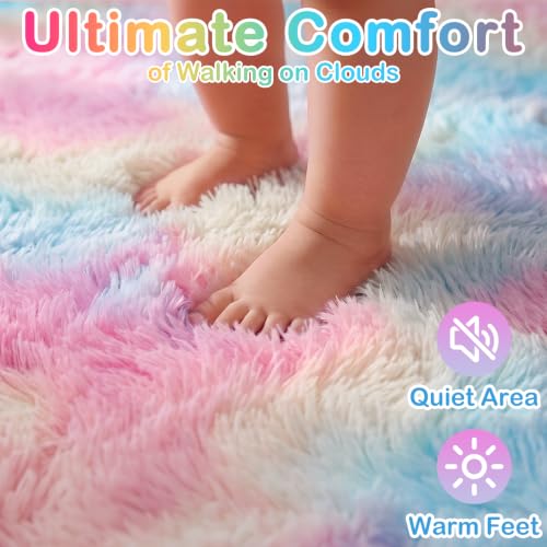 Image of PAGISOFE 4x6 Rainbow Fluffy Soft Plush Area Rugs for Girls Bedroom, Shaggy Vibrant Rugs for Kids Playroom,Kawaii Princess Fuzzy Rugs for Nursery Baby Toddler,Cute Colorful Room Decor for Teenage