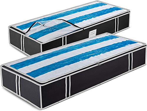 LWJ Underbed Storage Bag 600D (2-Pack) Clothes Storage Boxes with Zips, Storage Bags for Bedding, King Size Duvet, Linen, Pillow, Shoe - Under Bed Storage Bags for Clothes, Bedroom Storage Bo.
