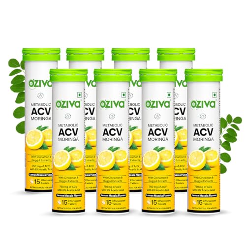 OZiva ACV Moringa | Control Cravings I Apple Cider Vinegar Cinnamon Guggul I No Maltodextrin & No Added Sugar I 15 Effervescent Tablets - Lemon Masala Pack of 8 (120 Tablets)
