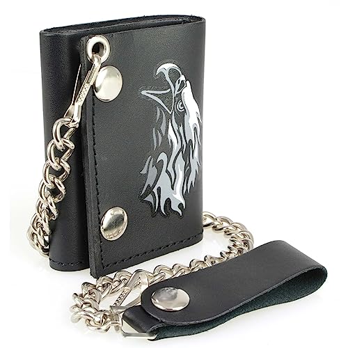 Milwaukee Leather MLW7838 Men's 4” Leather “Flaming Eagle” Tri-Fold Wallet w/Anti-Theft Stainless Steel Chain - One Size