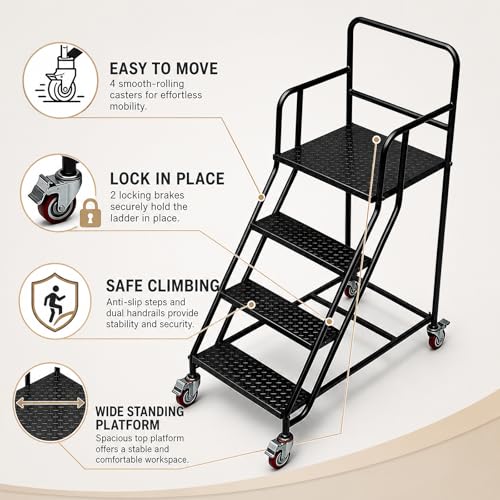 Image of 4 Step Rolling Ladder with Handrails, 880 lbs Capacity Heavy Duty Steel Mobile Warehouse Ladder with Locking Wheels, Non-Slip Rolling Stairs with Large Platform for Garage, Stockroom, Library