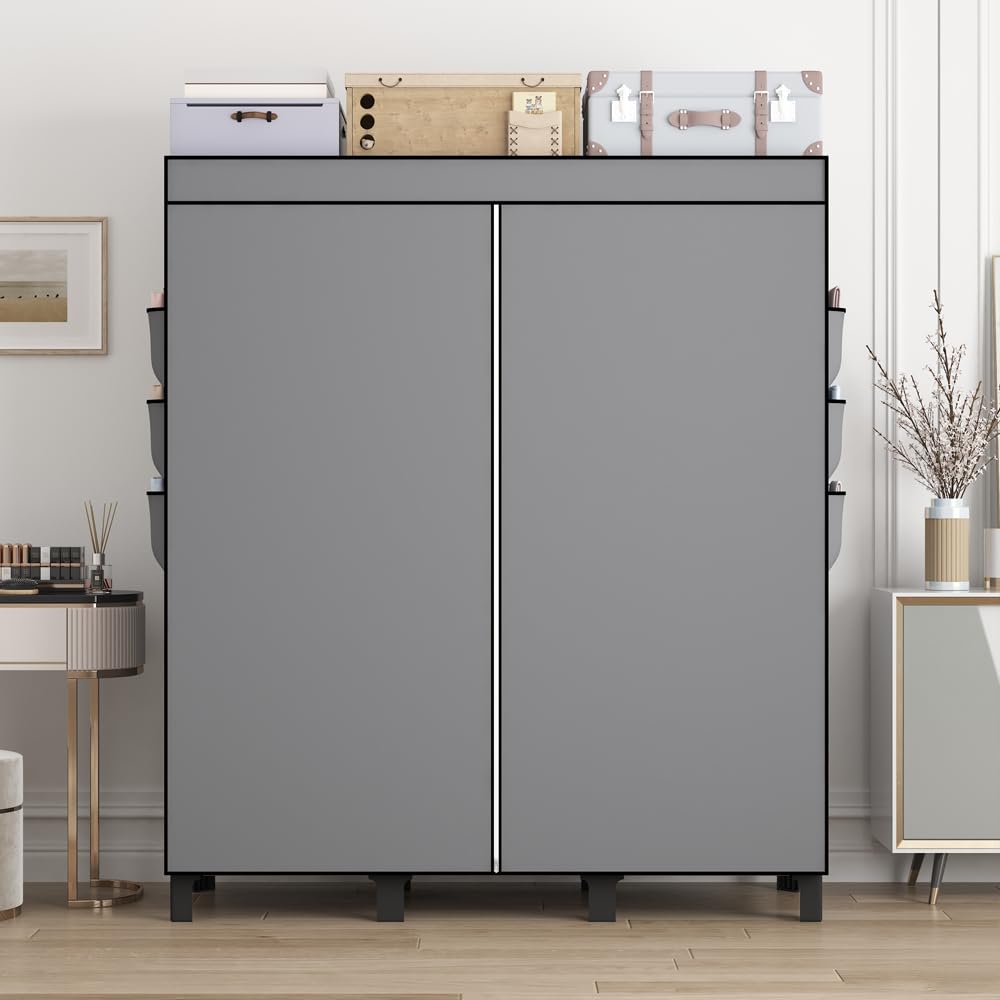Tragbarer Schrankschrank mit 3 Hängebereichen und Seitentaschen, stabiler Kleideraufbewahrungs-Organizer mit Installationshammer, 51 W, schwarzer Schlafzimmerschrank (grau)