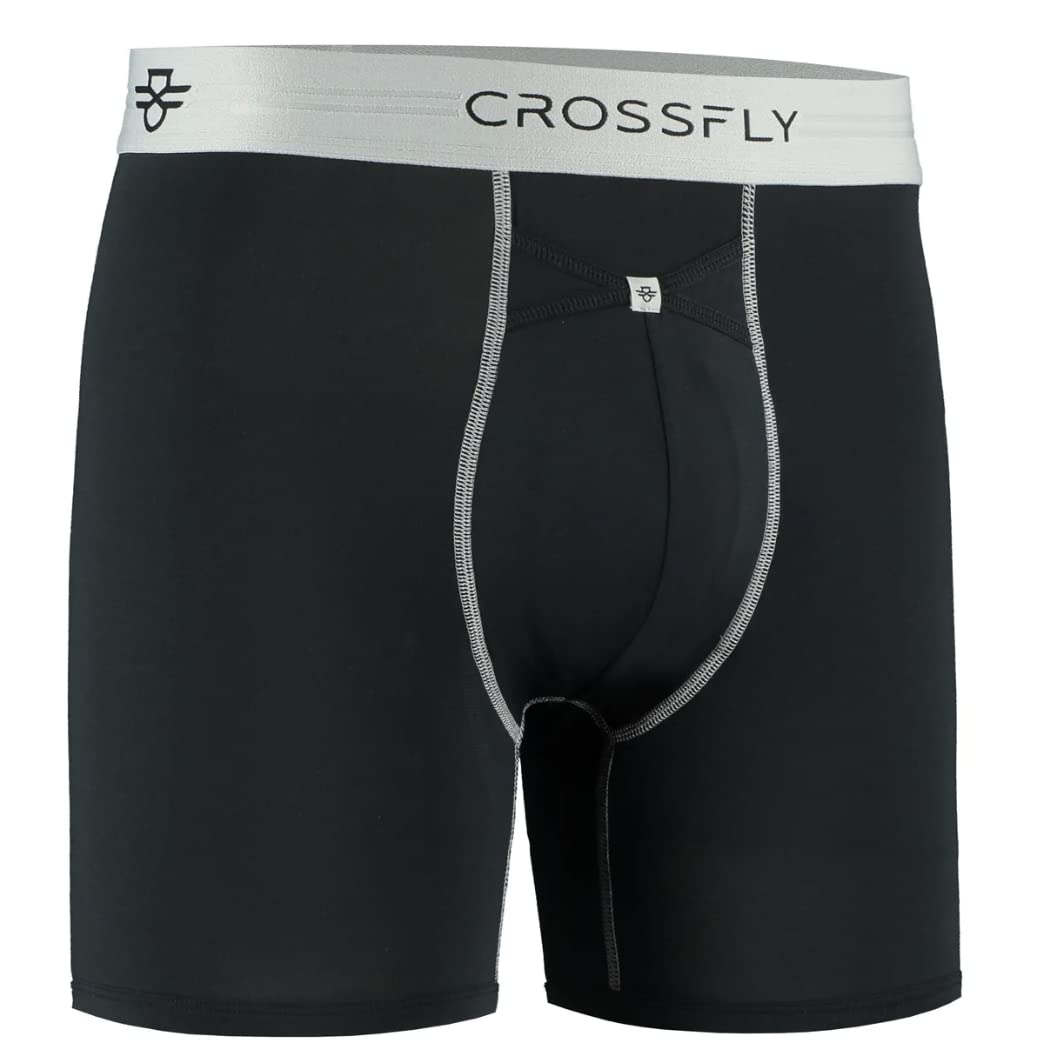 Crossfly Men's Black / Silver Ikon X ’S Underwear 6" Trunk Boxer Briefs, 24 Hour Comfort And Innovative Access, No Chafe, Breathable And Soft Black/Silver