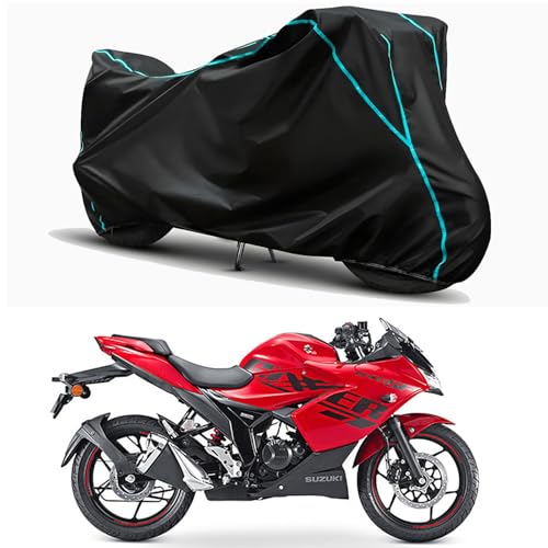 Image of Waterproof Bike Body Cover Compatible for | Suzuki Gixxer SF 250 BS6 | Taffeta Fabric, Sky Piping Design, Bottom Elastic Fit | Dustproof, Sun UV & Rain Protection for All Weather.