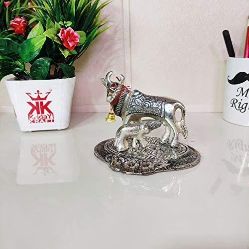 Image of KridayKraft Kamdhenu Cow,Calf with Bal Gopal Krishna Metal Statue for Good Luck,Feng Shui As Table Top Figurine,Vastu,Religious Gau MATA Idol Home,Office&Table (Silver, Small)