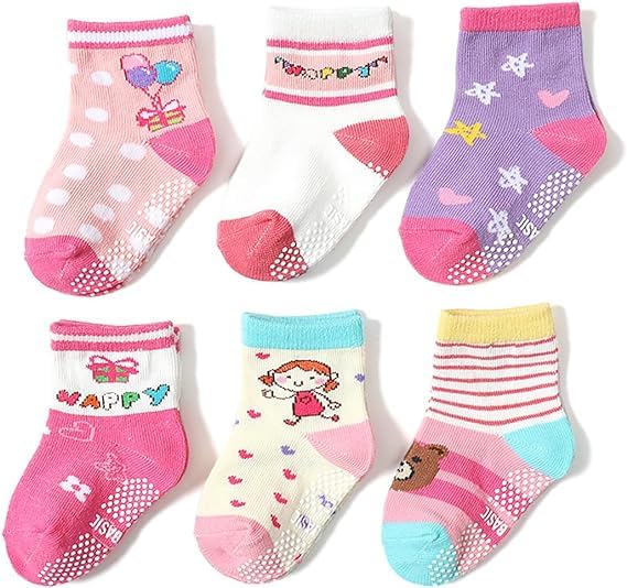 CUTEABLY Non-Slip Kids Toddler Socks with Grippers, Pink, 0-8 Years, for Active Boys and Girls, (Assorted)-Pack of 6