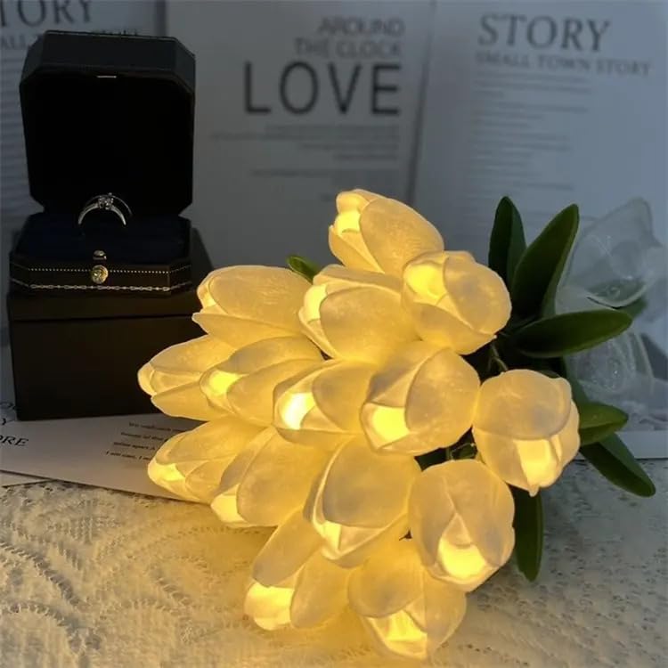 Image of MoonlitDreams Artificial White Tulip Flower Lamp with LED Lights, 5 Tulip Bouquet Night Light for Bedroom Decor | Battery Operated Aesthetic Room Decor Gift